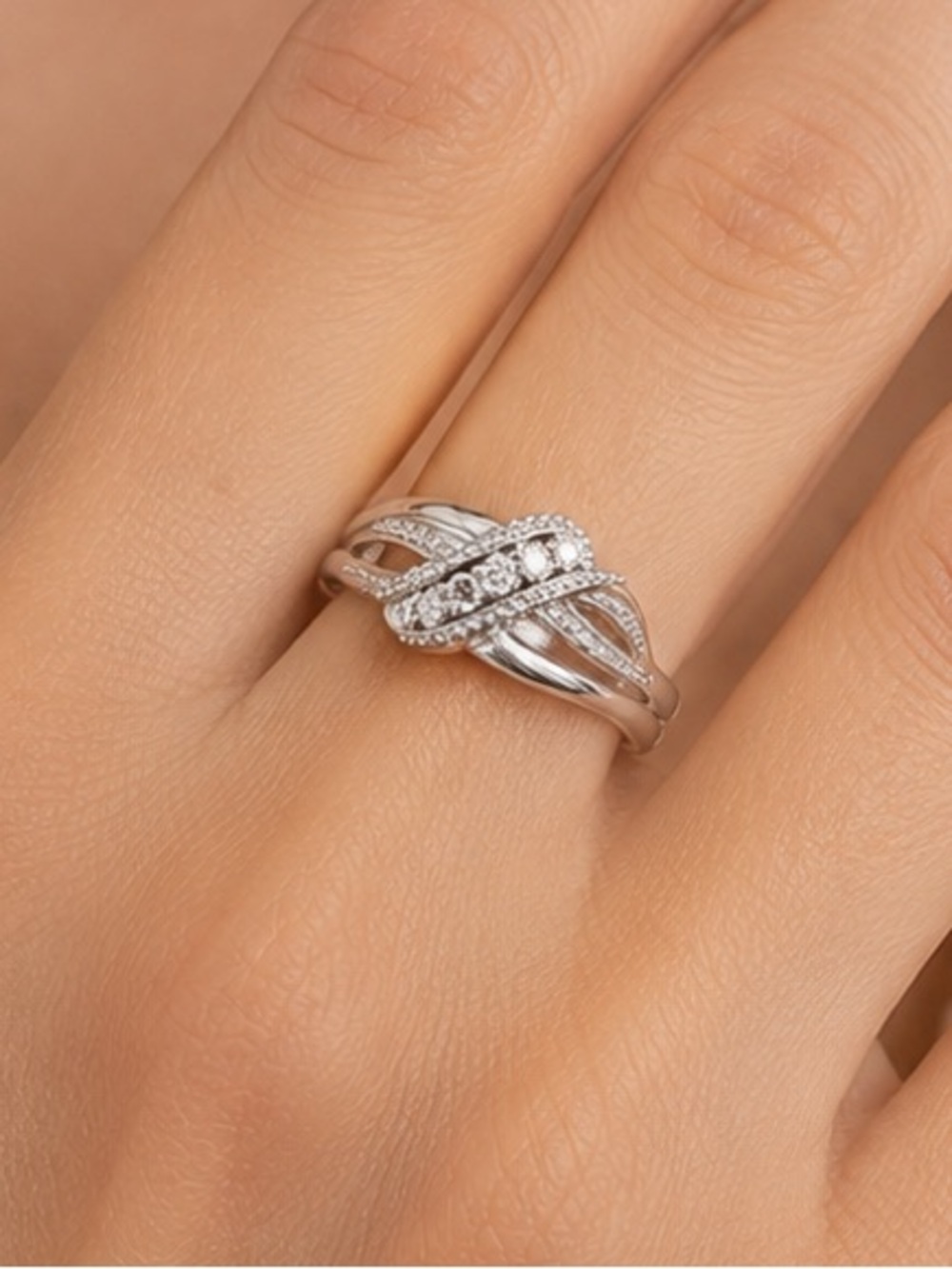 1990s JWBR 925 Sterling Silver Cocktail Band Ring Size 6.75 Diamond Chip Art Dec